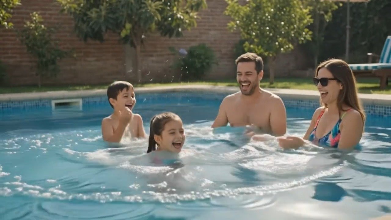 Familia disfrutando de una piscina limpia y cristalina en la Región Metropolitana